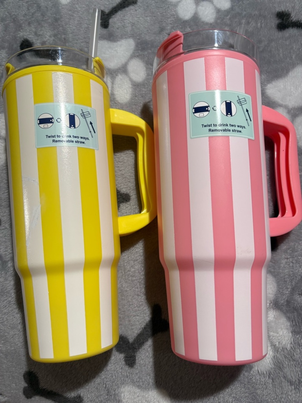 Striped Pink Insulated Travel Tumbler with Handle and Straw
